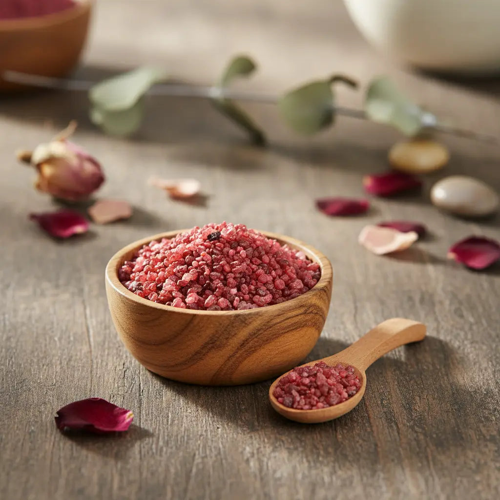 Grains d'encens de résine Nazareth Rose, de couleur rose intense/fuchsia, dans un petit bol en bois avec cuillère, sur une planche de bois rustique.