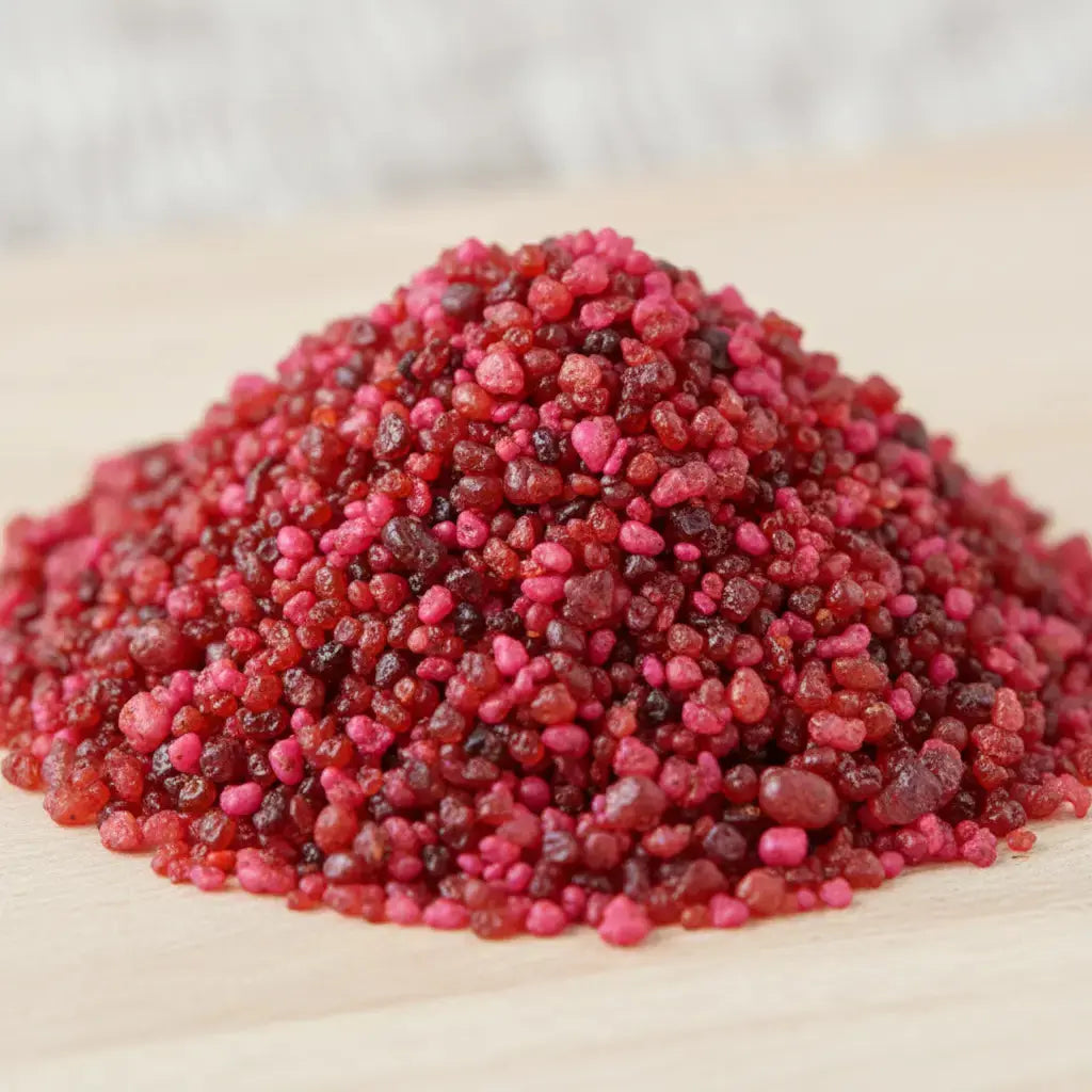 Gros plan sur un monticule de grains d'encens de résine Nazareth Rose, présentant des teintes profondes de bordeaux et de rose fuchsia intense.