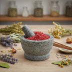 Grains d'encens de résine Nazareth Rose (rose intense) dans un mortier en granit gris avec pilon, entouré de lavande, de camomille et de bâtonnets d'encens.