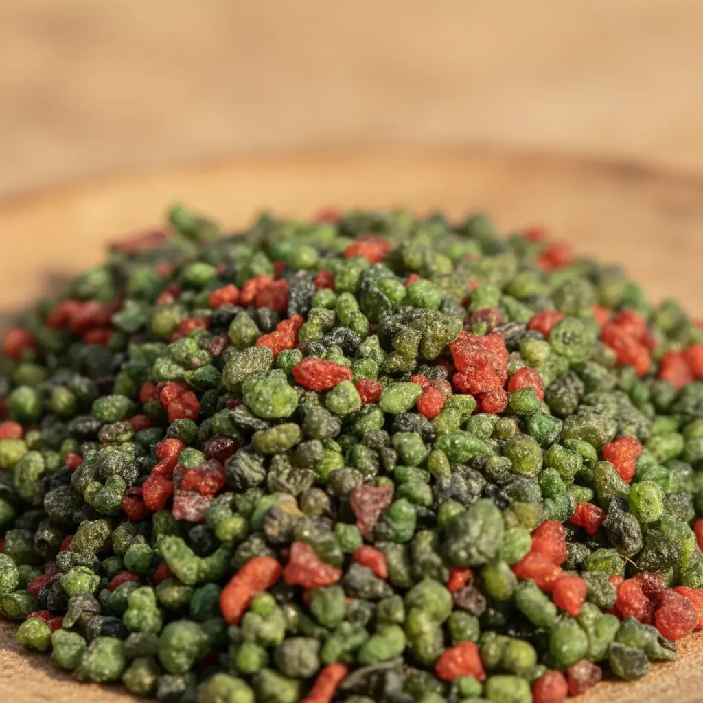 Gros plan sur un monticule de grains d'encens de résine Nazareth Vert, montrant un mélange dense de vert forêt et de petites touches de rouge.