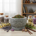 Grains d'encens de résine Nazareth Vert (vert et rouge) dans un mortier en granit gris, entouré de brins de lavande, de camomille et d'herbes séchées en bocaux.