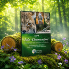 Livre Néo-Chamanisme : Repenser les Animaux Totems - Lupa sur mousse sacrée au pied d'un arbre, entouré de fleurs violettes sous des rayons de soleil magiques.