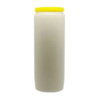 Neuvaine blanche avec couvercle jaune, sur fond blanc.