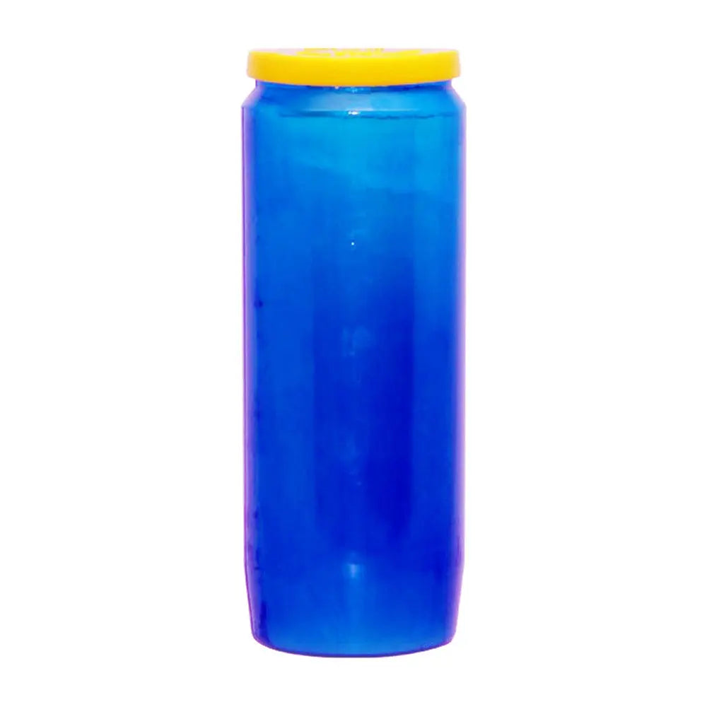 Neuvaine bleue avec couvercle jaune, sur fond blanc.