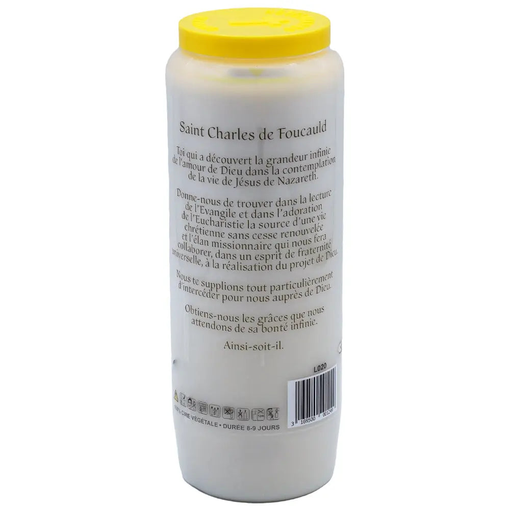 Neuvaine blanche « Saint Charles de Foucauld » avec prière en français au verso et couvercle jaune, sur fond blanc.