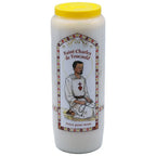 Neuvaine blanche « Saint Charles de Foucauld » avec illustration du saint à genoux priant le chapelet, couvercle jaune, sur fond blanc.