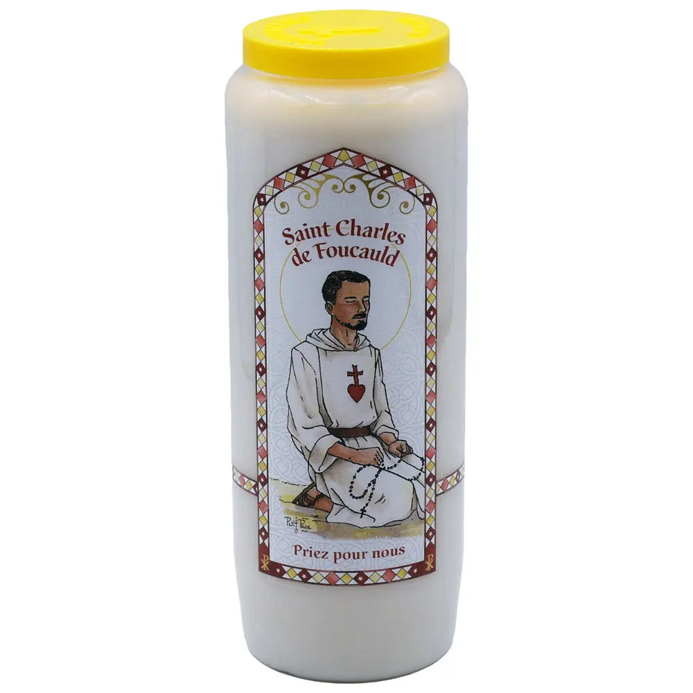 Neuvaine blanche « Saint Charles de Foucauld » avec illustration du saint à genoux priant le chapelet, couvercle jaune, sur fond blanc.