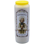 Neuvaine blanche « Saint Curé d’Ars » avec illustration du saint en habit sacerdotal, couvercle jaune, sur fond blanc.