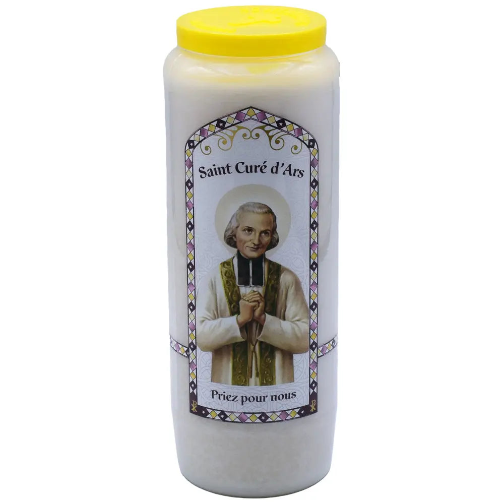Neuvaine blanche « Saint Curé d’Ars » avec illustration du saint en habit sacerdotal, couvercle jaune, sur fond blanc.