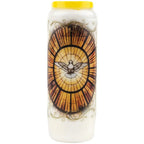 Neuvaine blanche « Saint Esprit » avec colombe sur vitrail doré, couvercle jaune, sur fond blanc.