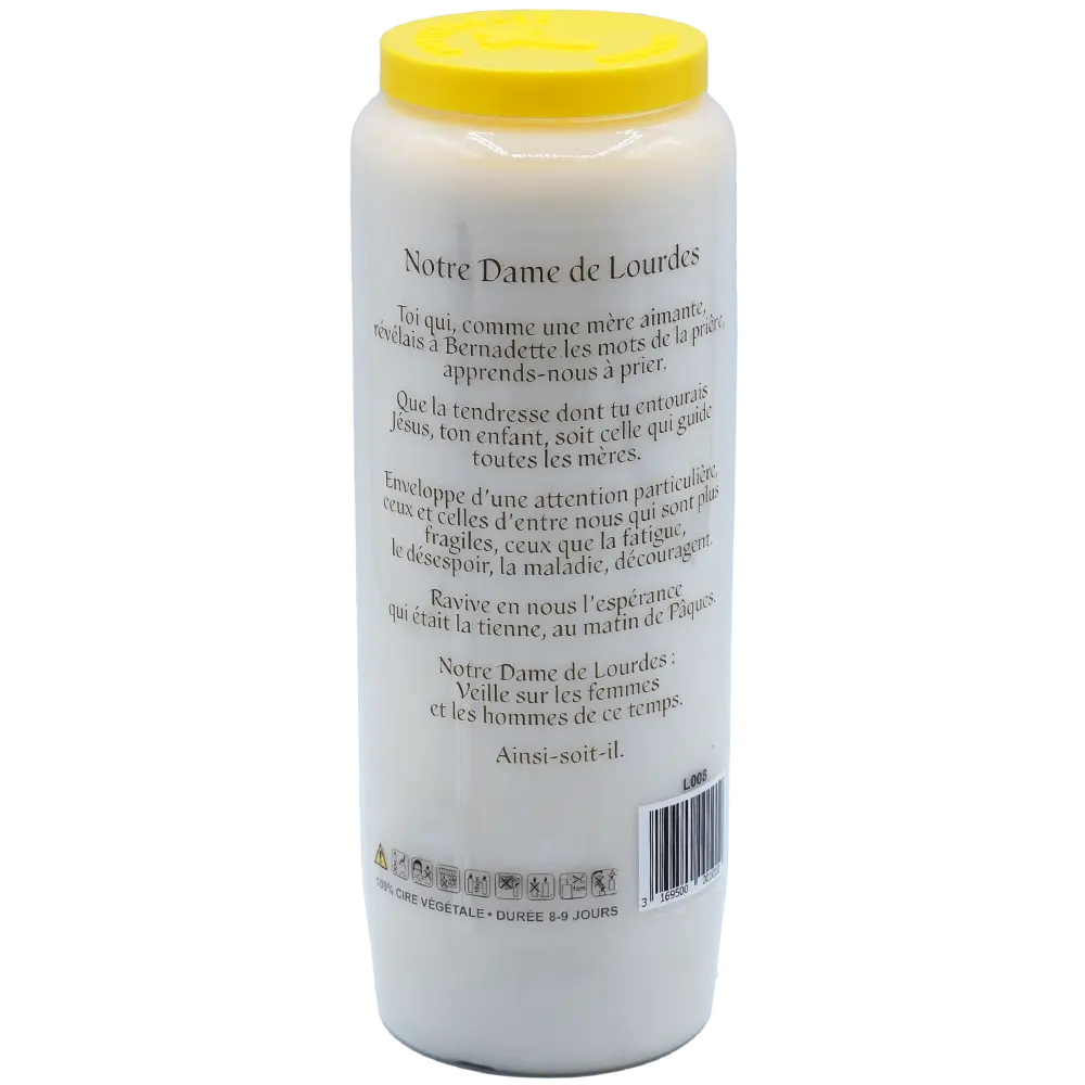Neuvaine blanche « Notre Dame de Lourdes » avec prière en français au verso et couvercle jaune, sur fond blanc.