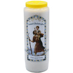 Neuvaine blanche « Saint Christophe » avec illustration du saint traversant l’eau en portant l’Enfant Jésus, couvercle jaune, sur fond blanc.