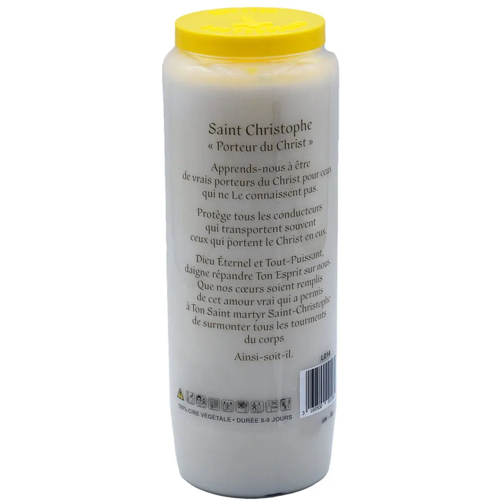 Neuvaine blanche « Saint Christophe » avec prière en français au verso et couvercle jaune, sur fond blanc.