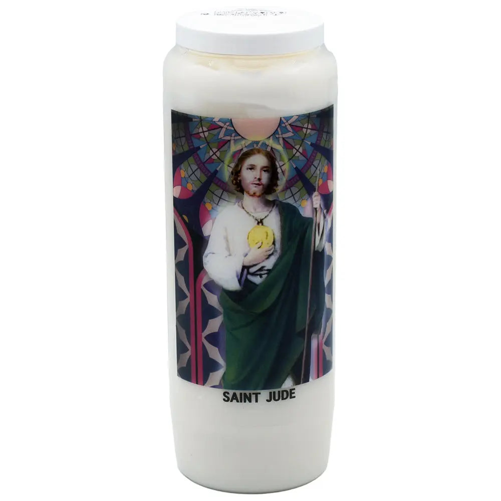 Bougie neuvaine blanche Saint Jude avec illustration religieuse en couleur sur fond blanc.