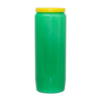 Neuvaine verte avec couvercle jaune, sur fond blanc.