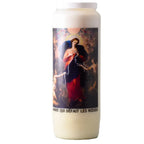 Neuvaine blanche « Marie qui défait les nœuds » avec illustration de la Vierge défaisant un ruban de nœuds, sur fond blanc.