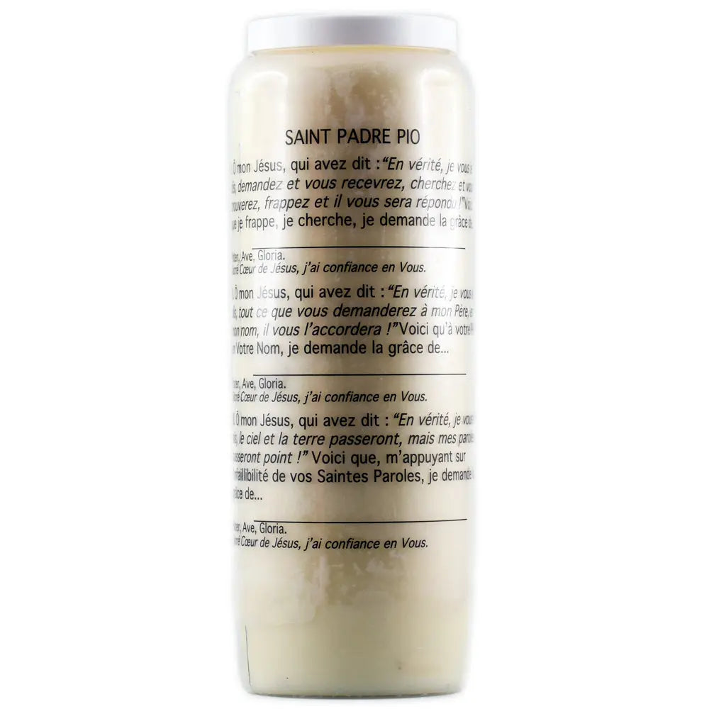 Dos de la bougie neuvaine Saint Padre Pio avec prière imprimée en français sur fond blanc.