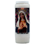 Neuvaine blanche « Sacré Cœur de Marie » avec illustration de Marie au cœur flamboyant sur fond de vitrail coloré, sur fond blanc.