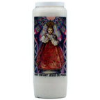 Bougie neuvaine blanche Saint Enfant Jésus de Prague avec illustration religieuse colorée sur fond blanc.