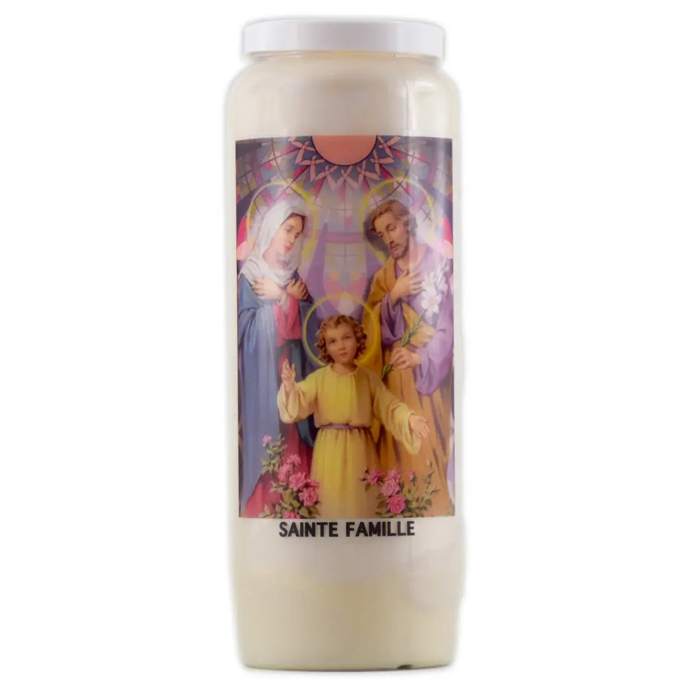 Bougie neuvaine blanche Sainte Famille avec illustration religieuse colorée sur fond blanc.