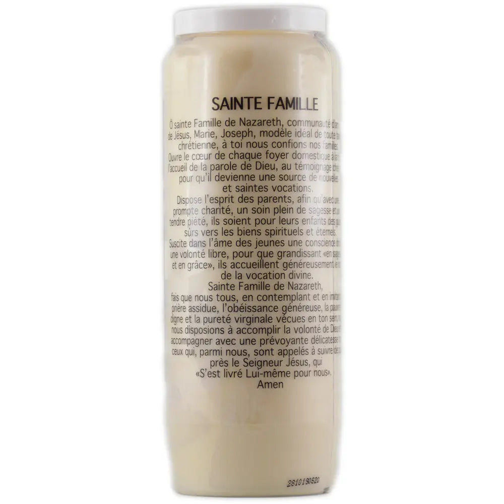 Dos de la bougie neuvaine Sainte Famille avec prière imprimée en français sur fond blanc.