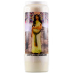 Bougie neuvaine blanche Sainte Marie-Madeleine avec illustration religieuse colorée sur fond blanc.