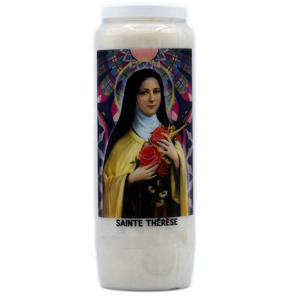 Neuvaine blanche « Sainte Thérèse » avec illustration de la sainte tenant des roses sur fond de vitrail coloré, sur fond blanc.