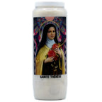 Neuvaine blanche « Sainte Thérèse » avec illustration de la sainte tenant des roses sur fond de vitrail coloré, sur fond blanc.