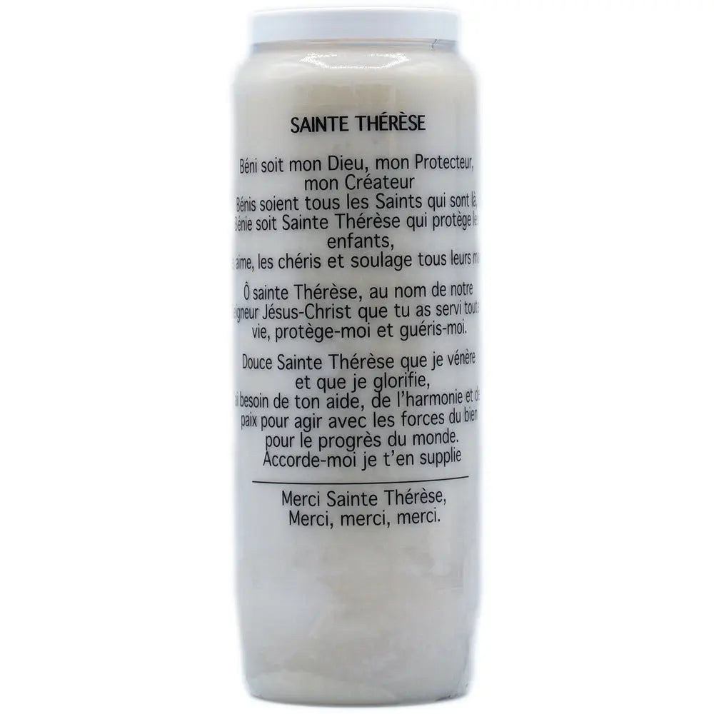 Neuvaine blanche « Sainte Thérèse » avec prière en français au verso, sur fond blanc.