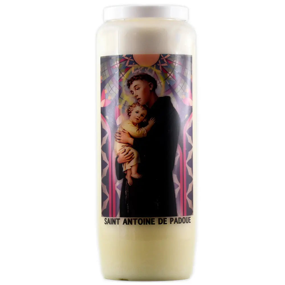 Bougie neuvaine blanche Saint Antoine de Padoue avec illustration religieuse colorée sur fond blanc.