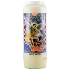 Neuvaine blanche « Saint Michel » avec illustration de l’archange terrassant le démon sur fond de vitrail coloré, sur fond blanc.