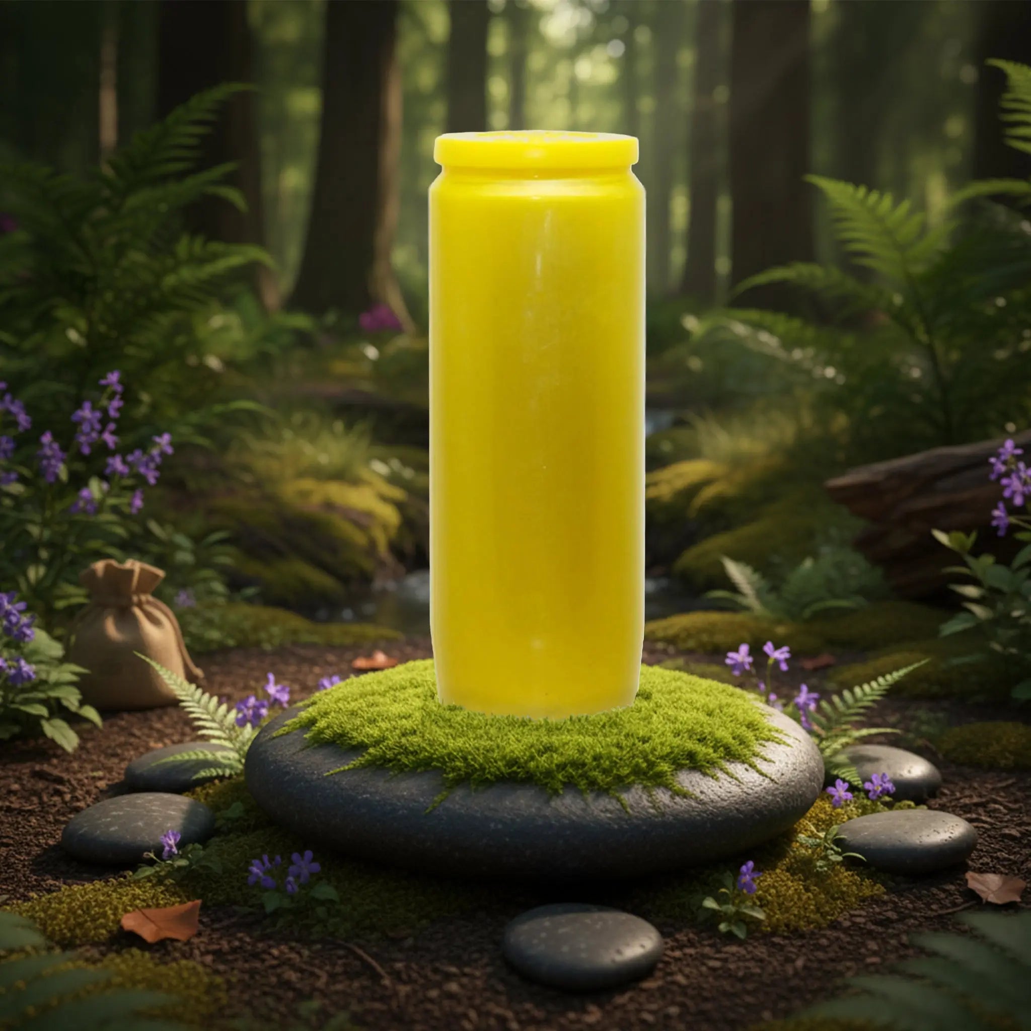 Bougie neuvaine jaune posée sur un coussin de mousse en forêt.