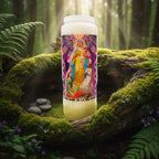 Bougie neuvaine Notre Dame de la Délivrance avec illustration colorée, posée sur un lit de mousse en forêt.