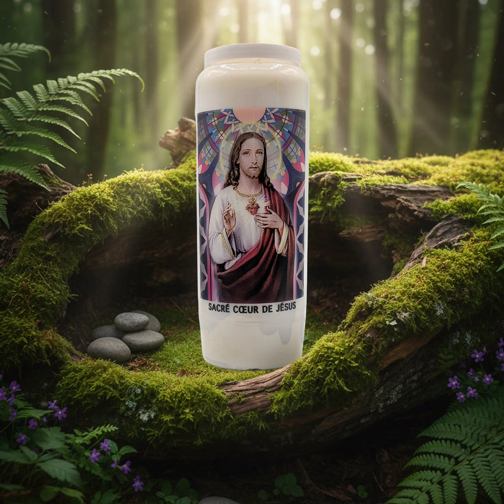 Bougie neuvaine Sacré Cœur de Jésus avec illustration colorée, posée sur un lit de mousse en forêt.