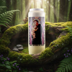 Bougie neuvaine Saint Antoine de Padoue avec illustration colorée, posée sur un lit de mousse en forêt.