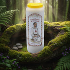 Neuvaine blanche « Saint Charles de Foucauld » avec illustration du saint en prière, couvercle jaune, posée sur un tronc d’arbre moussu en forêt.