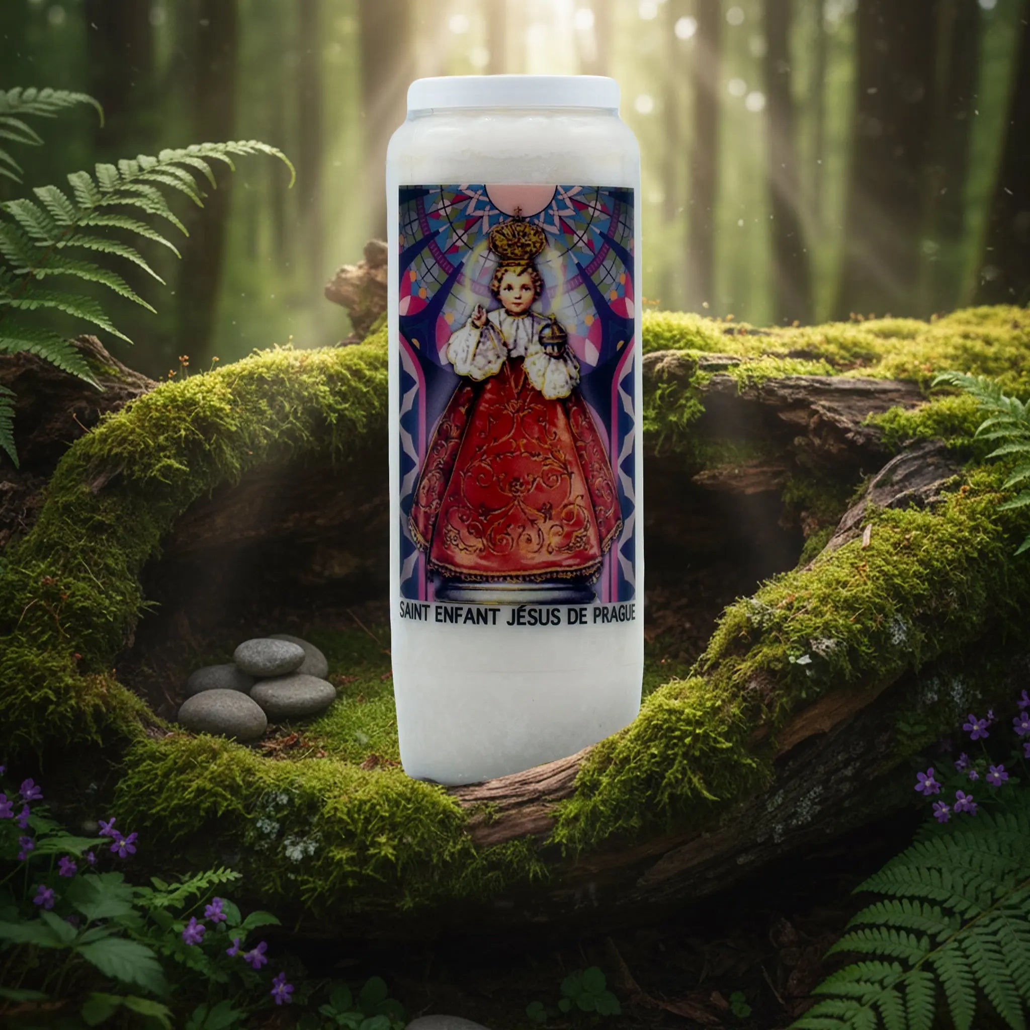 Bougie neuvaine Saint Enfant Jésus de Prague avec illustration colorée, posée sur un lit de mousse en forêt.