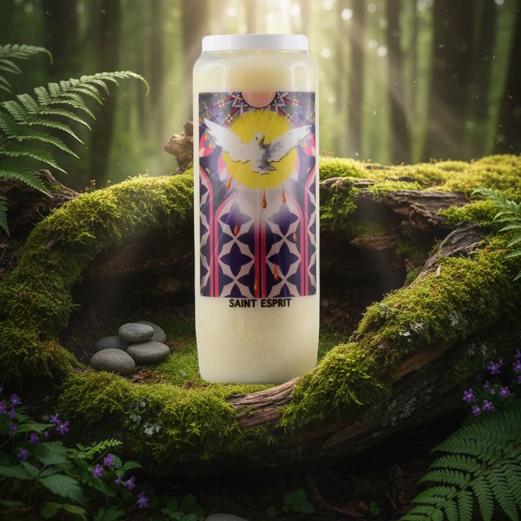 Neuvaine blanche « Saint Esprit » avec colombe lumineuse, posée sur un tronc d’arbre moussu en forêt.
