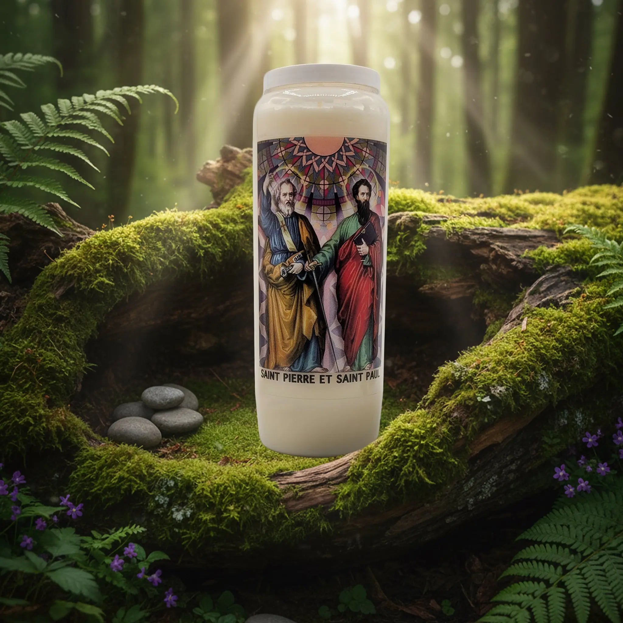 Bougie neuvaine Saint Pierre et Saint Paul avec illustration colorée, posée sur un lit de mousse en forêt.