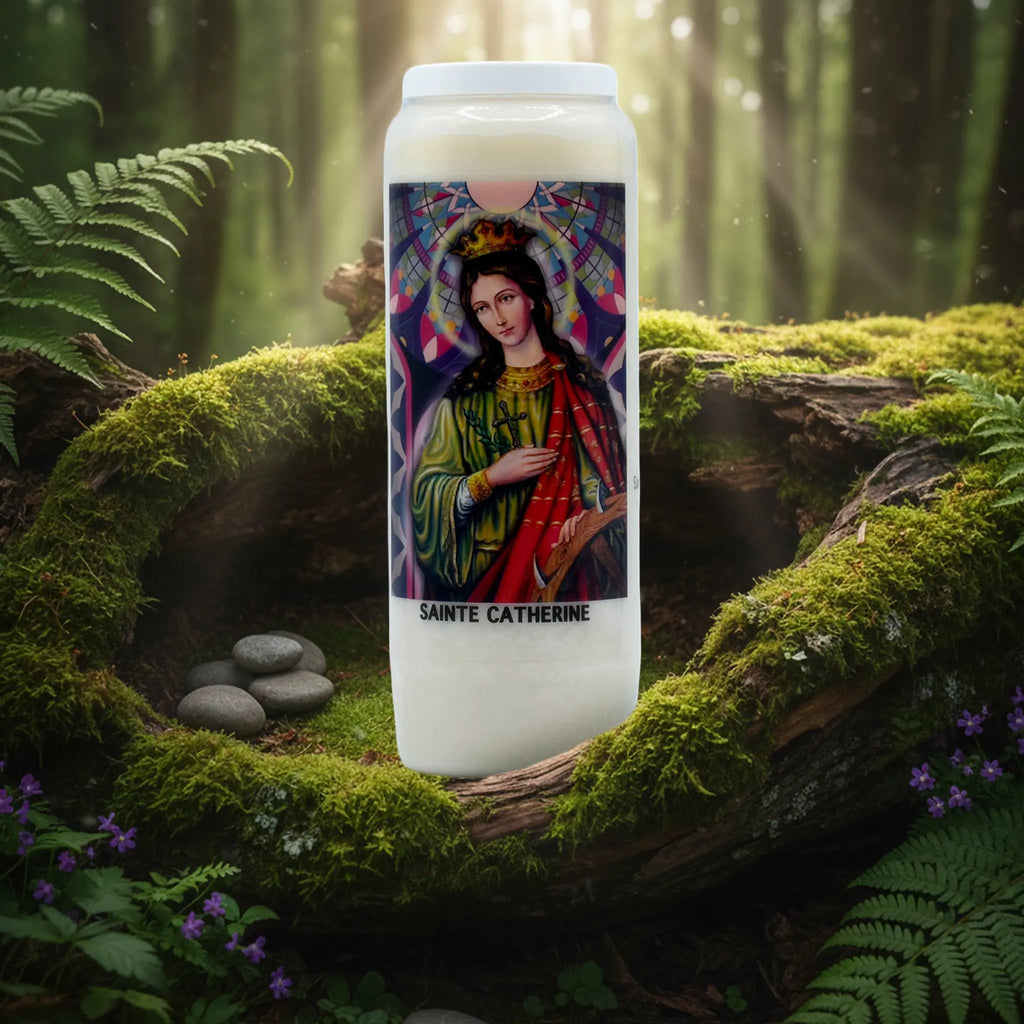 Bougie neuvaine Sainte Catherine avec illustration colorée, posée sur un lit de mousse en forêt.