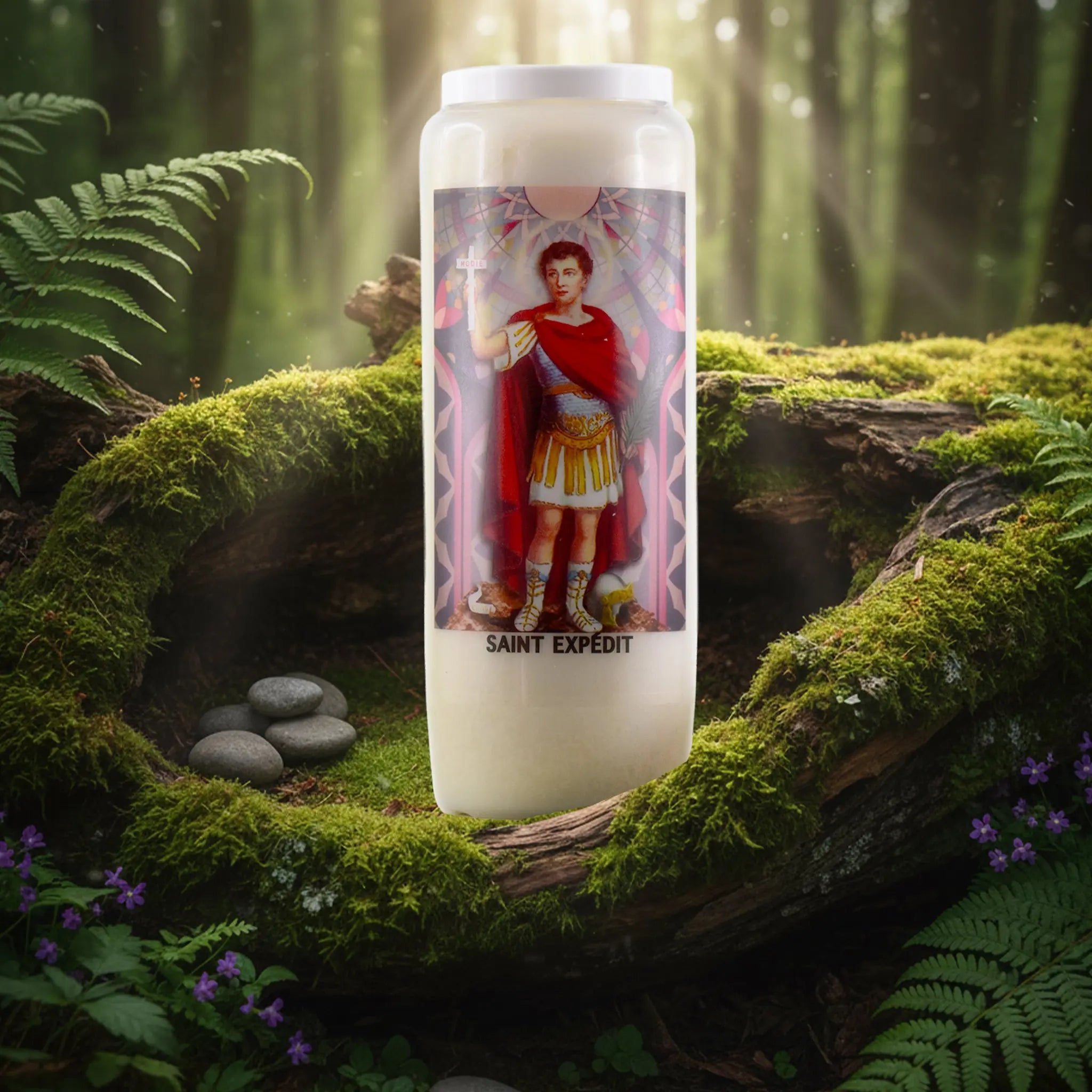 Bougie neuvaine Saint Expédit avec illustration colorée, posée sur un lit de mousse en forêt.