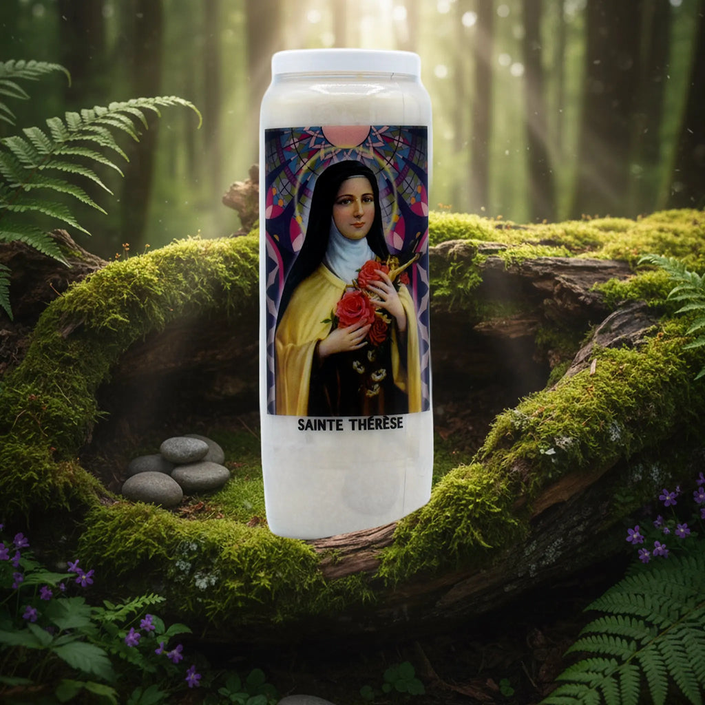 Neuvaine blanche « Sainte Thérèse » avec illustration de la sainte tenant des roses, posée sur un tronc d’arbre moussu en forêt.