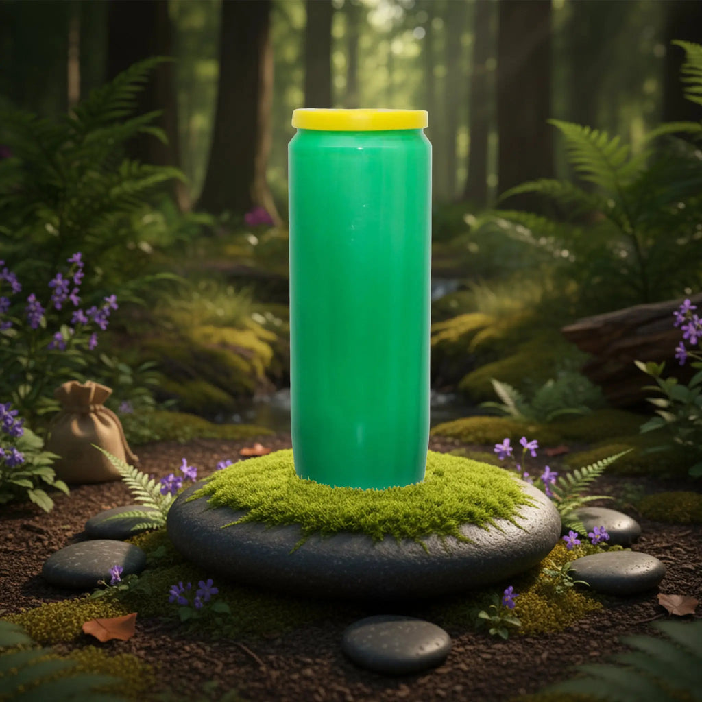 Neuvaine verte à couvercle jaune, posée sur un galet recouvert de mousse au milieu d’une clairière forestière.