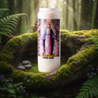 Neuvaine blanche « Vierge Marie » avec illustration colorée, posée sur un tronc d’arbre moussu en forêt.