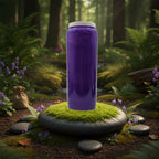 Neuvaine violette à couvercle blanc, posée sur un galet recouvert de mousse au milieu d’une clairière forestière.