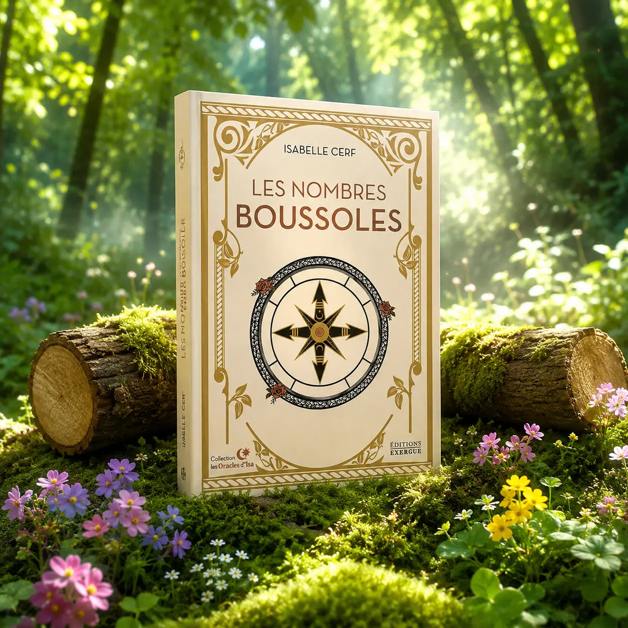 Livre Les Nombres Boussoles - Isabelle Cerf sur mousse sacrée au pied d'un arbre, entouré de fleurs violettes sous des rayons de soleil magiques.