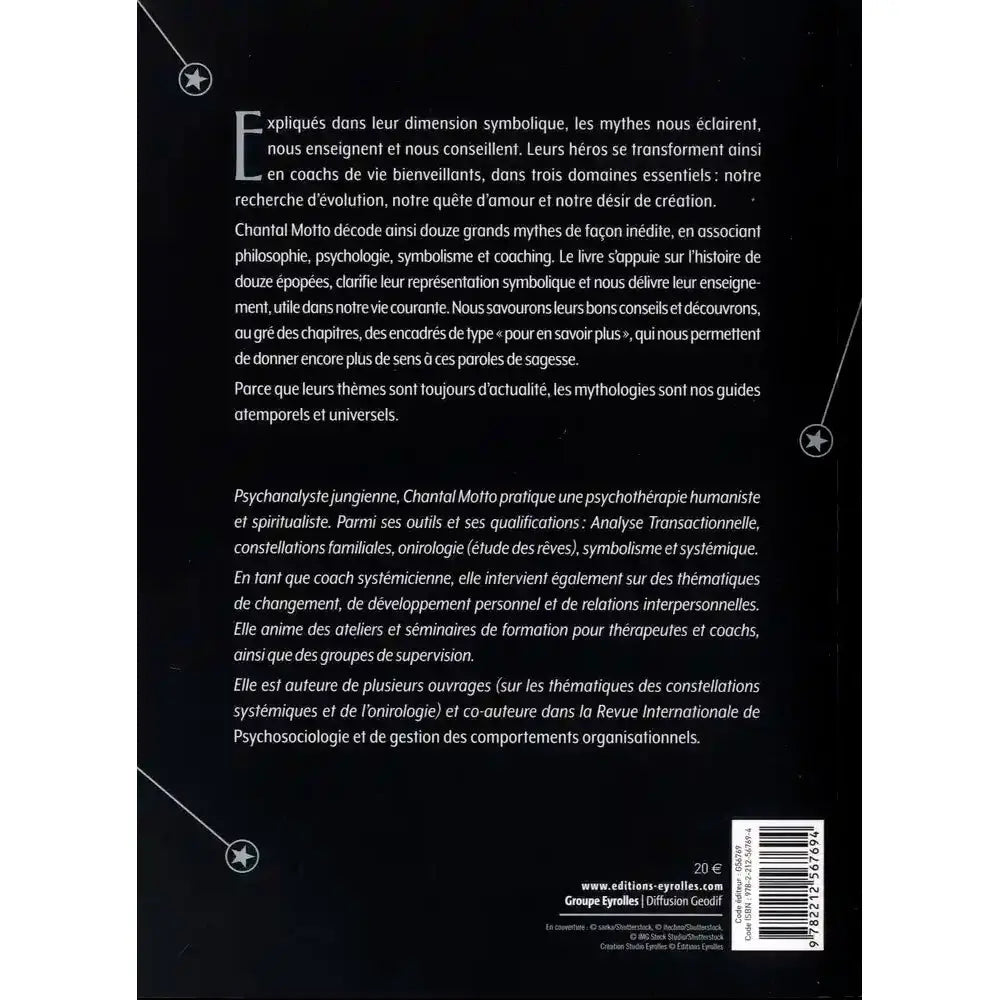 Nos Héros Mythiques : quatrième de couverture noire présentant le résumé du livre et la biographie de l'auteure Chantal Motto.