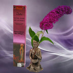 Boîte d'encens naturel Vedic Notre Dame de Lourdes rose avec illustration de l'apparition de la Vierge, statuette de moine et fleur violette sur fond mauve