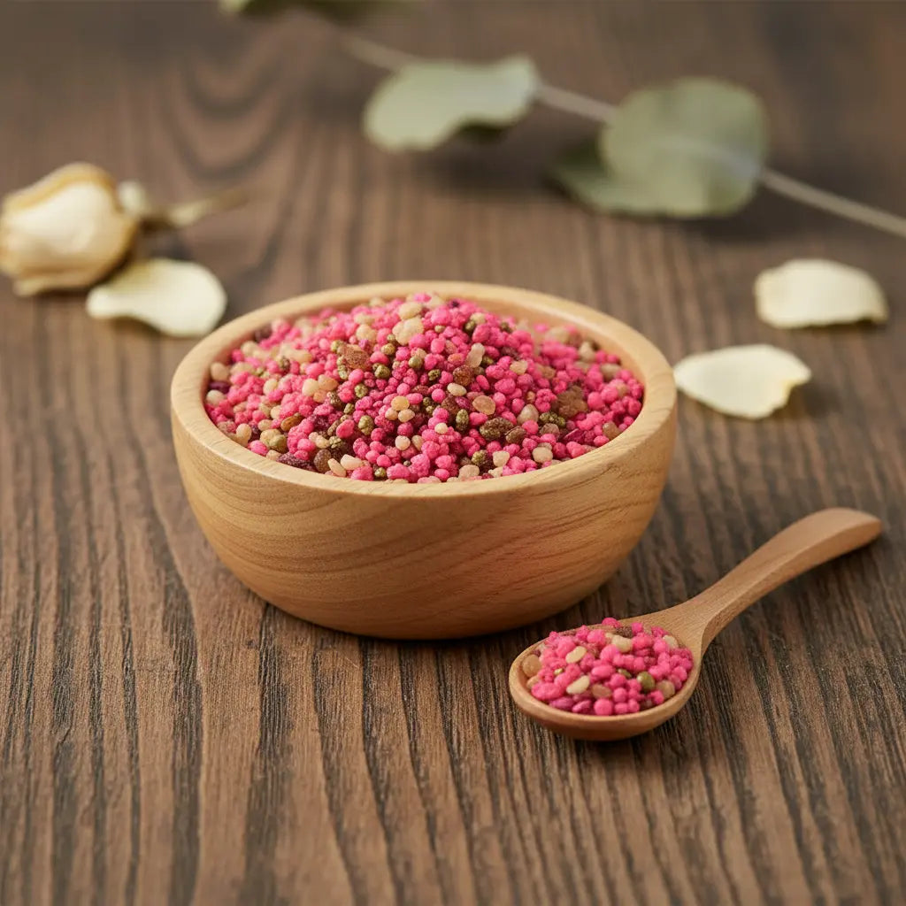 Grains d'encens de résine Notre-Dame de Fatima, mélange dominant de rose vif et de blanc/beige, dans un bol en bois clair, avec cuillère, sur une surface en bois sombre.