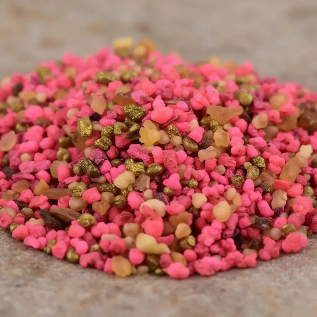 Gros plan sur un monticule de grains d'encens de résine Notre-Dame de Fatima, mélange vibrant de rose fuchsia, de beige et de touches dorées scintillantes.